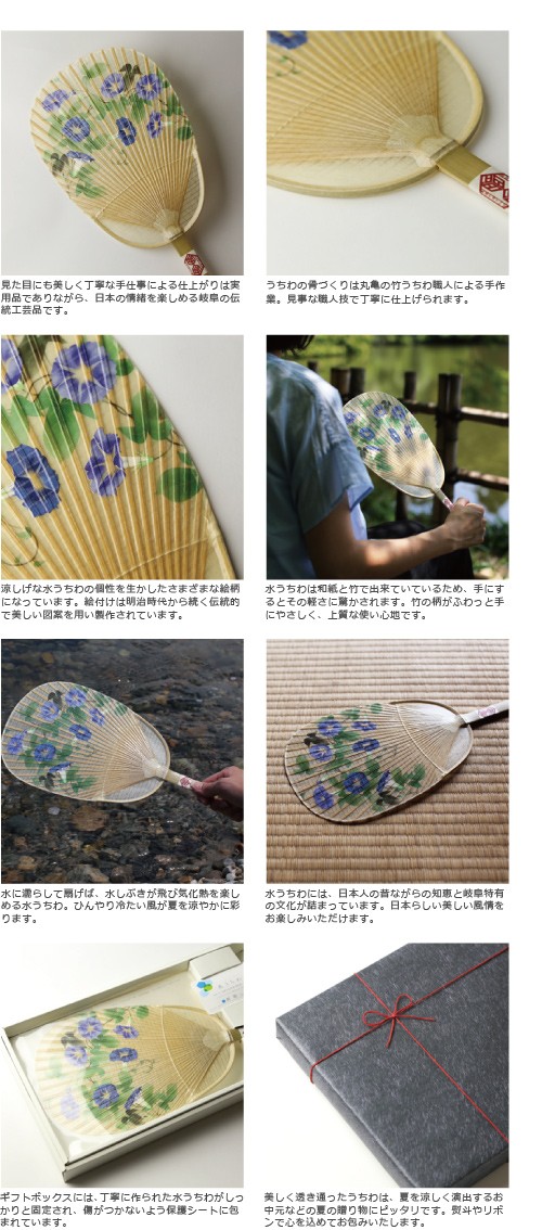 うちわ 水うちわ 朝顔 家田紙工 岐阜 美濃手漉き和紙 : がらんどう 手