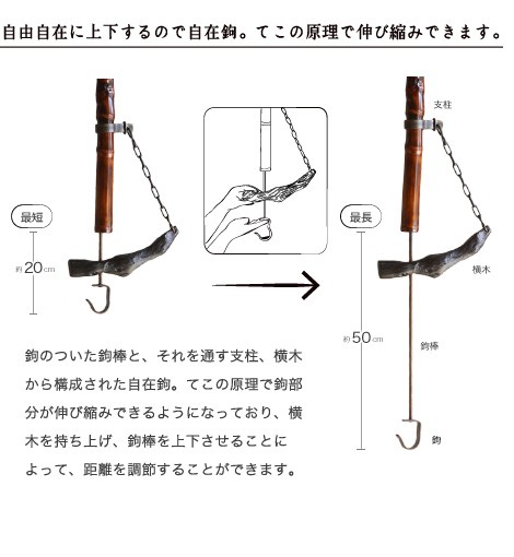 送料無料 自在鉤 小 天然竹 漆塗り 囲炉裏 山中漆器 自在かぎ