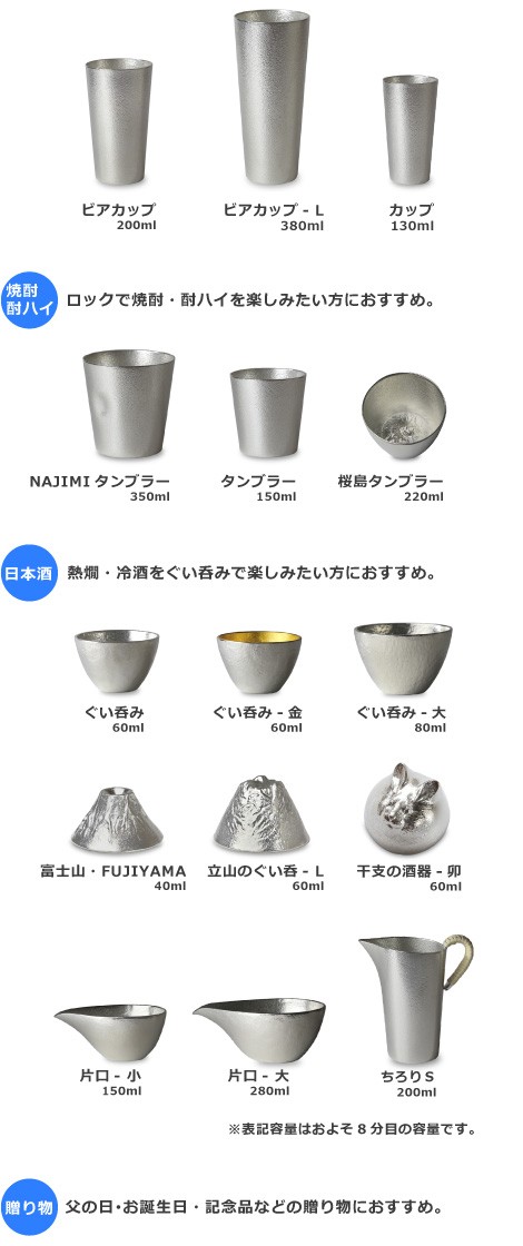 ぐい呑・猪口　能作　本錫100％ 酒器セット　ぐい呑み錫2個　片口小錫