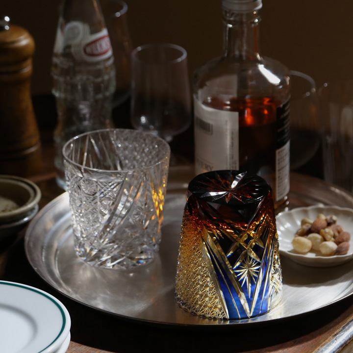 江戸切子 オールド 雅 瑠璃/琥珀 大場硝子 ロックグラス 切子グラス