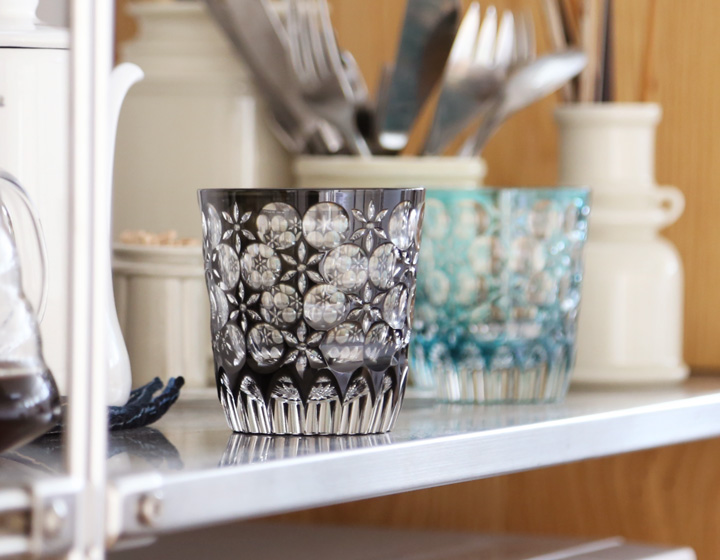 江戸切子 オールド 万華鏡 黒 大場硝子 ロックグラス 切子グラス