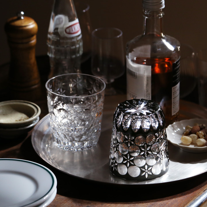 江戸切子 オールド 万華鏡 黒 大場硝子 ロックグラス 切子グラス