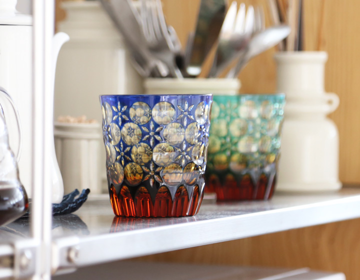 江戸切子 オールド 万華鏡 瑠璃/琥珀 大場硝子 ロックグラス 切子