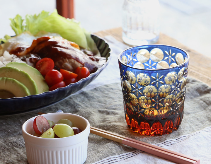 江戸切子 オールド 万華鏡 瑠璃/琥珀 大場硝子 ロックグラス 切子