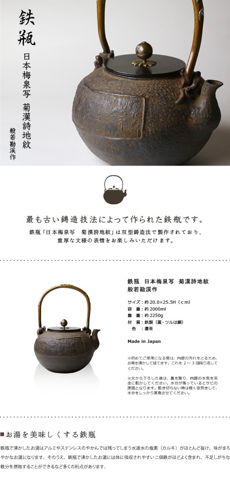 鉄瓶 般若勘渓 日本梅泉写 菊漢詩地紋
