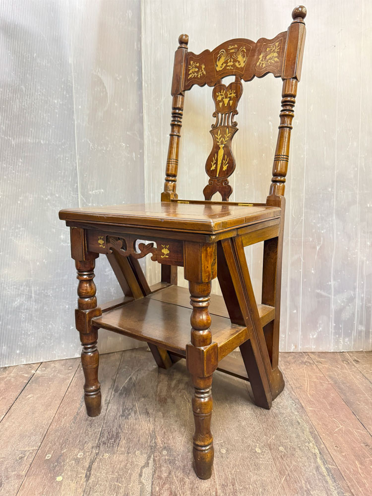 送料無料 アンティーク調 天然木 からくり椅子 H94cm 三脚 脚立 はしご