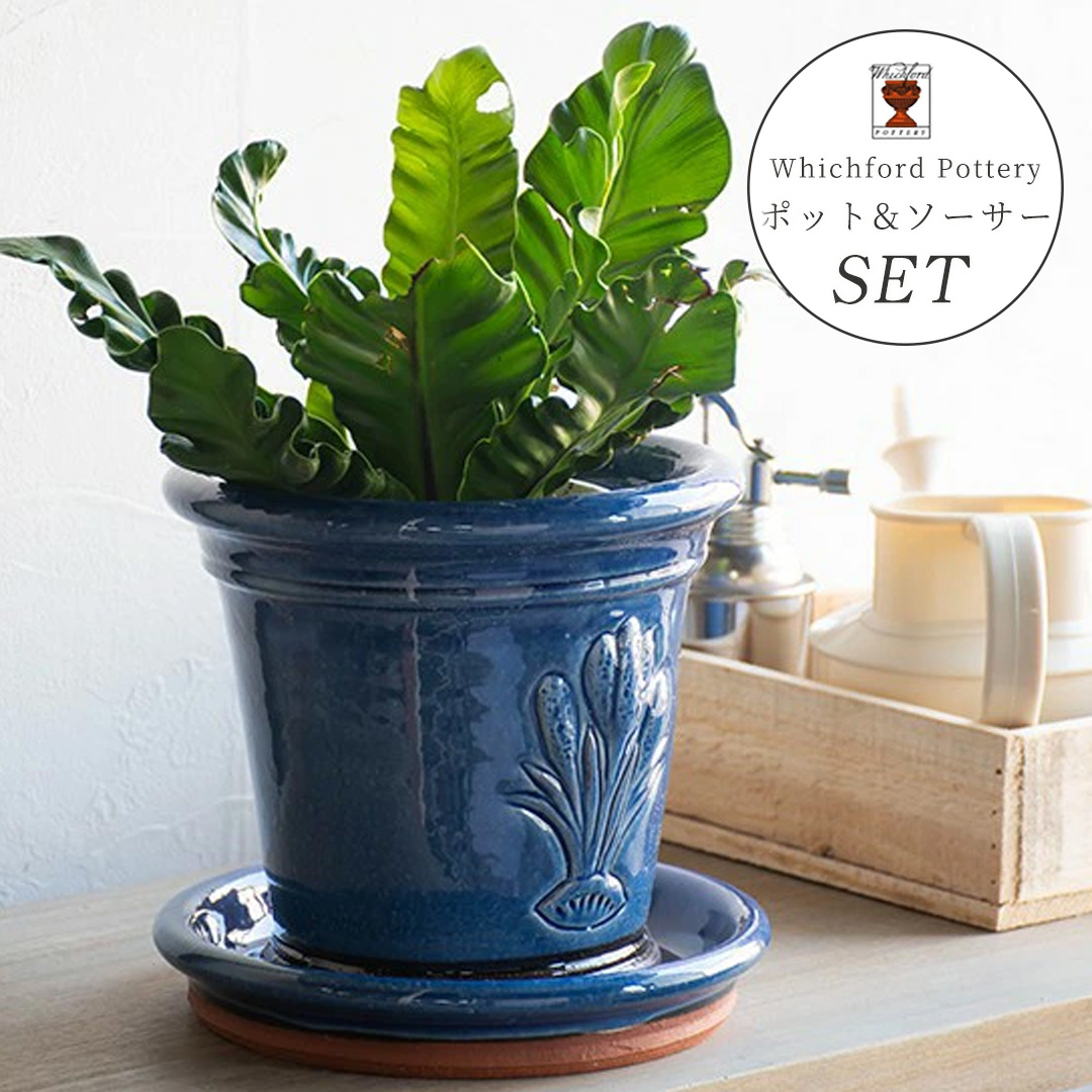 Whichford ウィッチフォード 植木鉢 受け皿付き 塗り鉢 セット グレイズド クロッカスポット 直径17cm + 水受け 直径19cm（G）