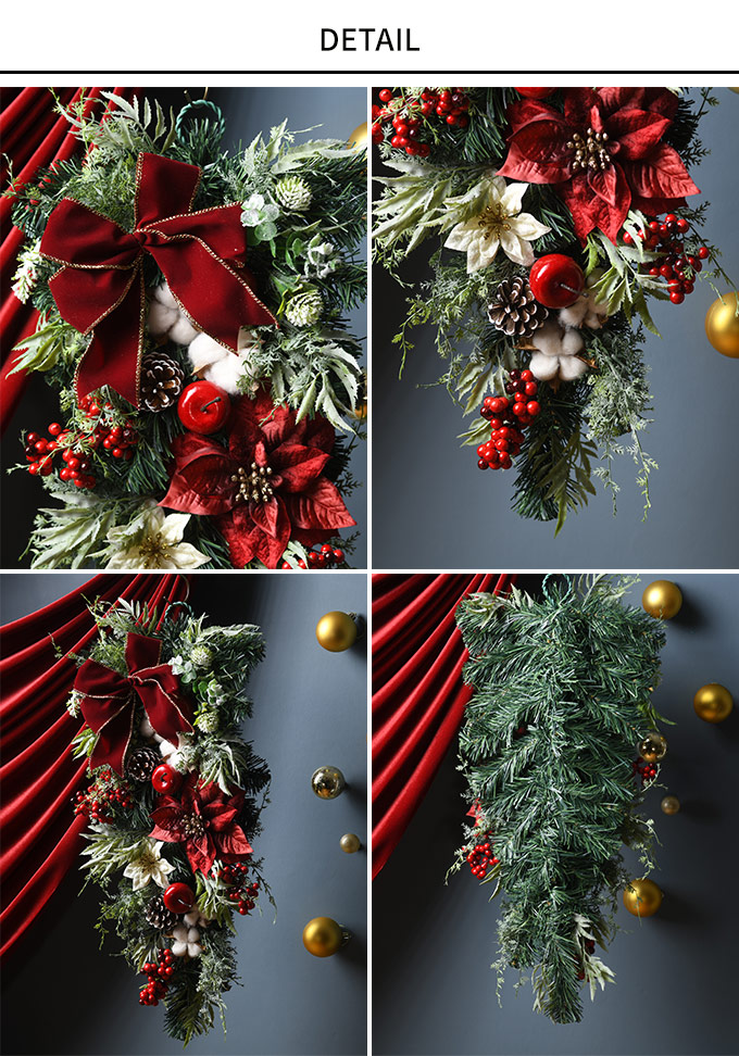 クリスマス雑貨 北欧 豪華なポインセチアスワッグ 高さ62cm リース 飾り 壁掛け 装飾 造花 フェイクグリーン 豪華 上品 おしゃれ 玄関 ドア ナチュラル インテリア ディスプレイ 