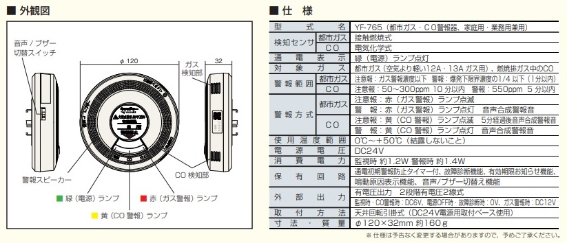 矢崎エナジーシステム YF 765 キャッチャー 都市ガス 警報器 音声・ブザー切り替え型 CO警報器 天井回転引掛式 DC24Vタイプ :yi0035:給湯器とガスコンロのお店