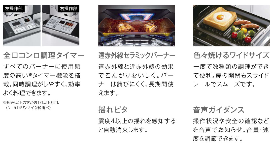 全口コンロ調理タイマー 遠赤外線セラミックバーナー 色々焼けるワイドサイズ 揺れピタ　音声ガイダンス