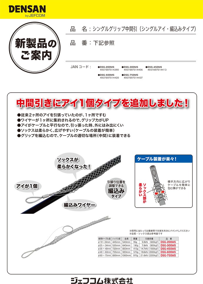 ケーブルグリップ シングルグリップ DSG-750MS 中間引 φ60~75mm