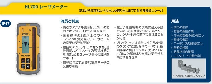 ニコン・トリンブル レーザ受光器 HL700 レーザメーター (クランプ付 