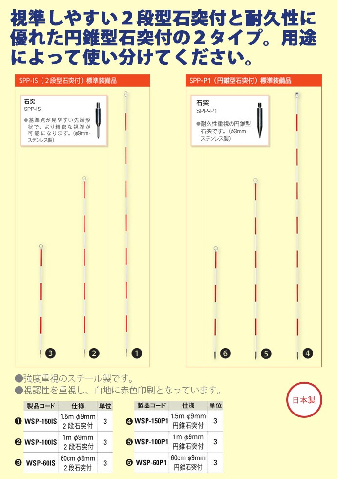 精密ピンポール 1m φ9mm(赤白) 二段石突付 WSP-100IS 大平産業