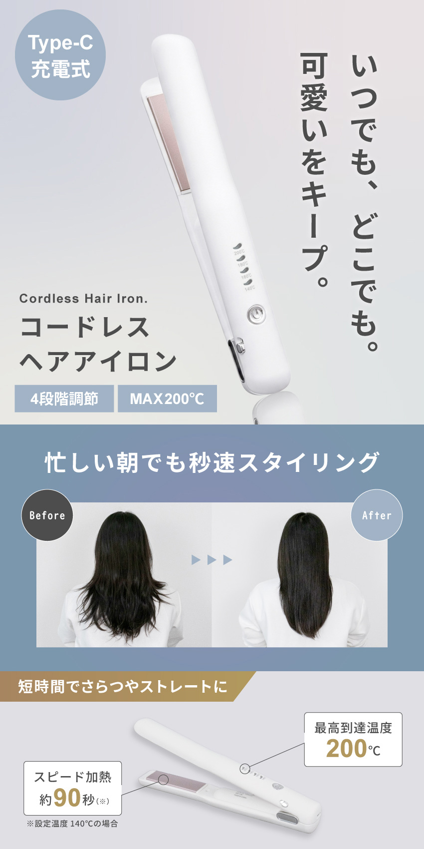 PureLuxe（ピュアリュクス） コードレスヘアアイロン ホワイト 4段階