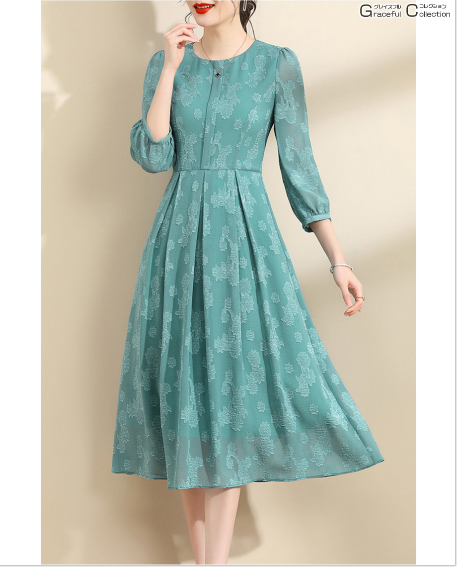 Aライン 花柄 七分袖 結婚式ワンピース フォーマル お食事会 両親