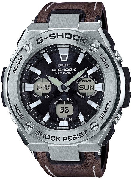 良品】G-SHOCK GST-W130L シルバーメタル レザーベルト茶色-