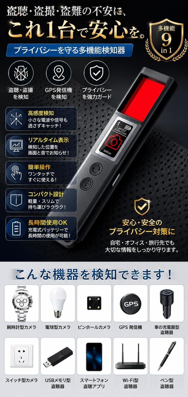多機能検知器 盗聴器発見器 隠しカメラ探知機 GPS発信機 探知機 盗撮