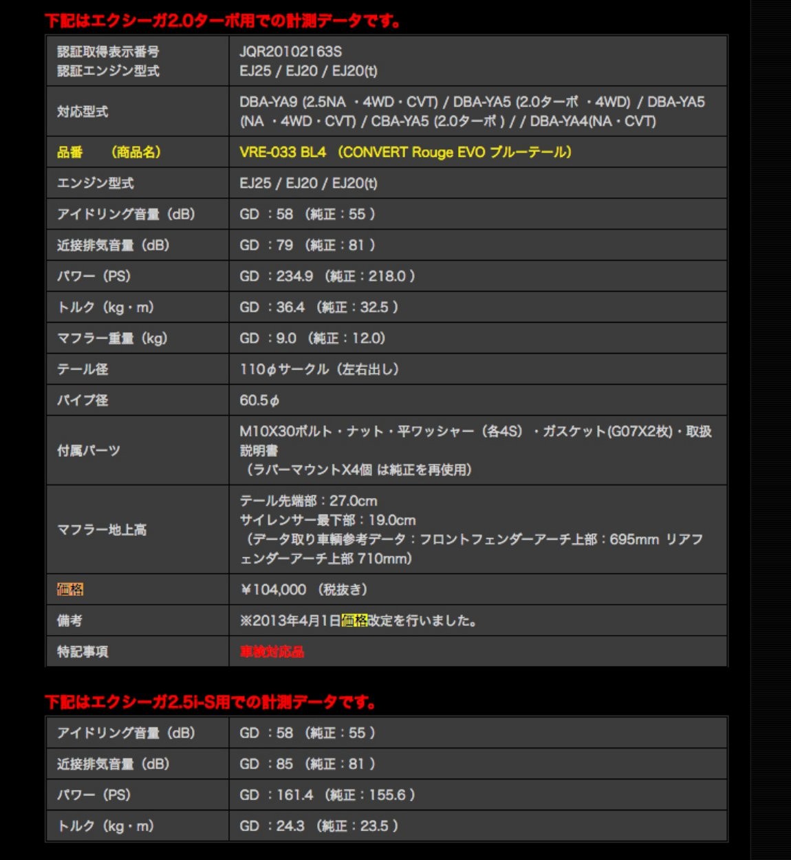 □GANADOR ガナドール マフラー YA5 YA9 エクシーガ 110φサークル