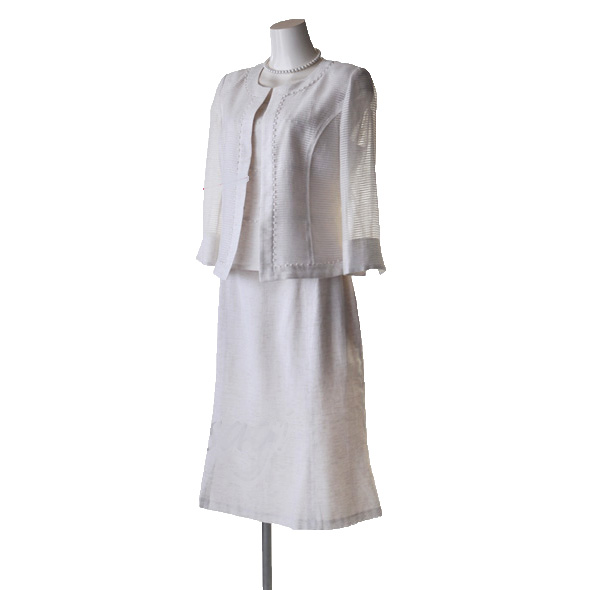 レディーススーツ レーヨン 麻 ボーダー3点スーツ オフ パープル