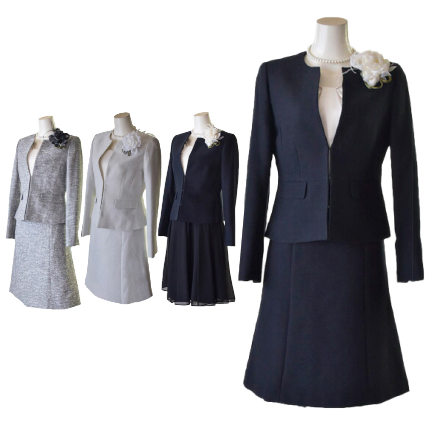 フォーマル セレモニー スーツ 3点セット ママ ノーカラー ジャケット