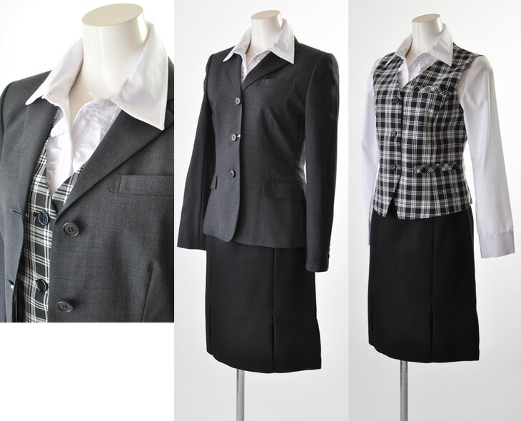 ジャケット付 ベストスーツ 3点セット イタリア製 ウール100% ジャケット＆ベストスーツ 標準サイズとトールサイズ ５号 7号 9号 11号 13号 ブラック/グレー 3つボタンジャケット＋ベスト＋スカート お得セット 企業 OL 制服 好印象 事務服 春 夏 秋 冬 (819)/756-05/03/303 ジャケット付 ベストスーツ 3点セット イタリア製 ウール100