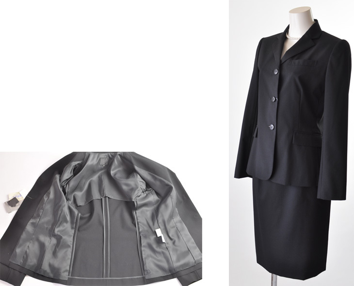 日本製生地 薄手ウールスカートスーツ 黒 裏地背抜きストレッチ