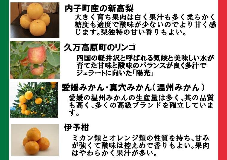 ジェラートのジェラテリアUNO フレーバー、梨、リンゴ、温州ミカン,真穴みかん、伊予柑
