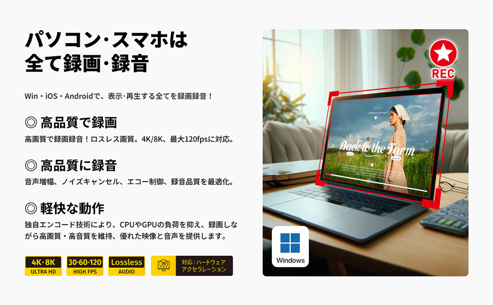 特徴1：全デバイス対応。4K/8K・120fps対応の高画質録画。音声増幅・ノイズキャンセル機能で高音質録音。独自エンコード技術でCPU・GPU負荷軽減、スムーズな高品質録画を実現。