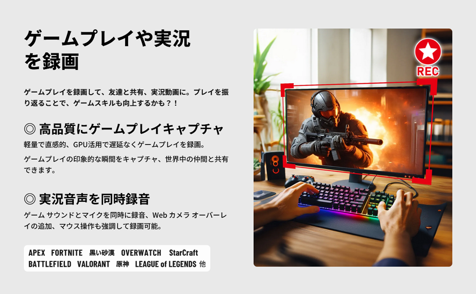 特徴4：ゲームプレイ録画機能。GPU活用で遅延なくスムーズに録画。シンプル操作で印象的瞬間を捉え共有可能。ゲームサウンド・マイク同時録音、Webカメラ追加、スナップショット、マウス効果も録画可能。