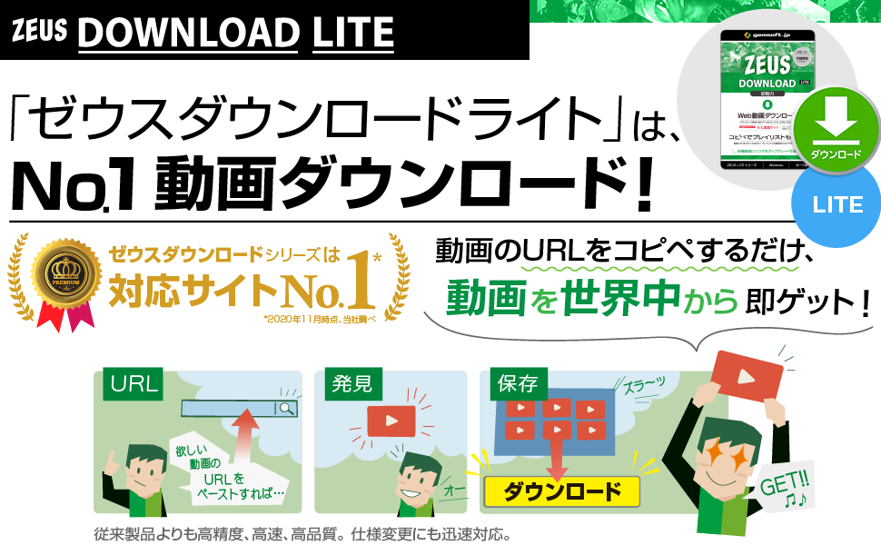 ZEUS DOWNLOAD LITE ゼウス ダウンロード ライトは、No.1動画ダウンロード ソフトのライト版、動画のURLから即ゲット