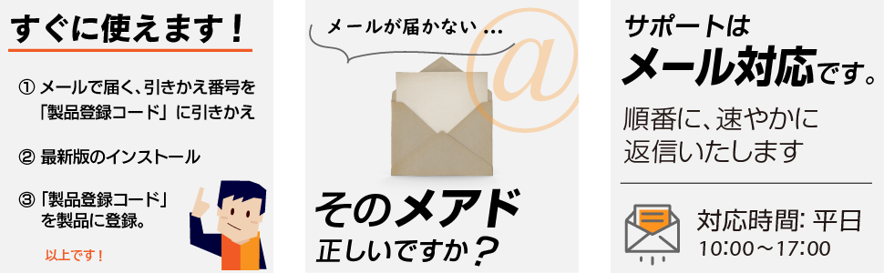 引きかえ番号を製品登録コードに引きかえて、インストール、製品登録コードを登録するだけで使えます。登録時、メールアドレスの入力を間違えないようにご注意ください。サポートはメールで順番に速やかに返信いたします