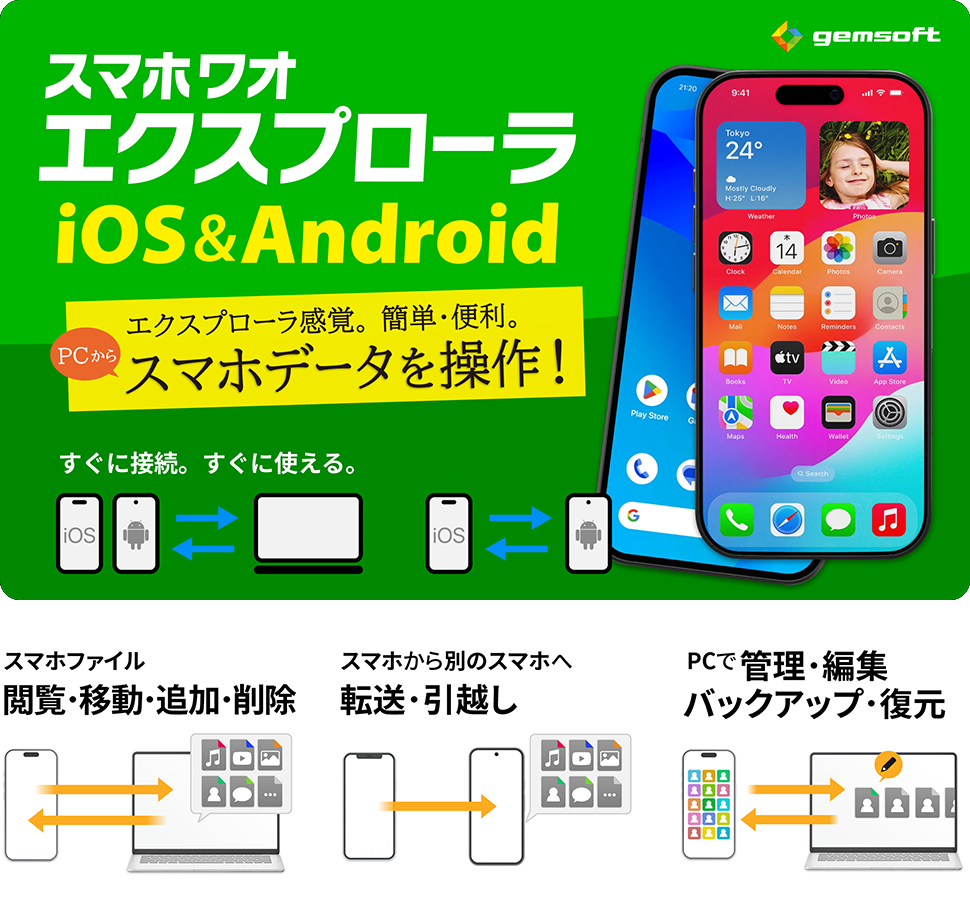 スマホワオ エクスプローラ iOS＆Android エクスプローラ感覚。簡単・便利。PCからスマホデータを操作！ すぐに接続・すぐに使える。USB接続、Wi-Fi接続でミラーリング。特徴１：スマホファイル 閲覧・移動・追加・削除。／スマホから別のスマホへ転送・引越し。／PCで管理・編集、バックアップ・復元。