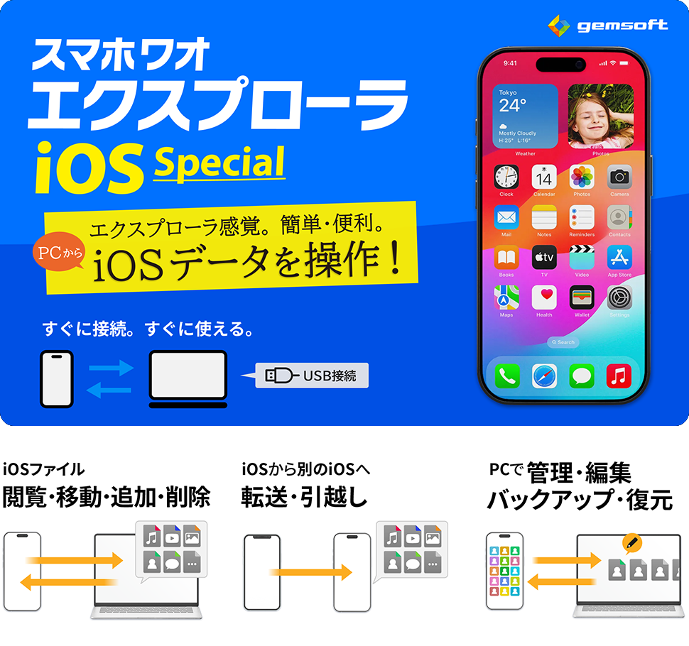 スマホワオ エクスプローラ iOS Special エクスプローラ感覚。簡単・便利。PCからiOSデータを操作！ すぐに接続・すぐに使える。USB接続でミラーリング。特徴１：iOSファイル 閲覧・移動・追加・削除。／iOSから別のiOSへ転送・引越し。／PCで管理・編集、バックアップ・復元。