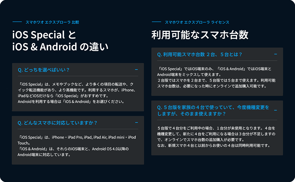 Q.スマホワオエクスプローラどっちを選ぶ？ A.iOS端末だけなら iOS Special、Androidも使うならiOS＆Android。Q.スマホ台数とは？A.接続可能なスマホの数、後追加可能。