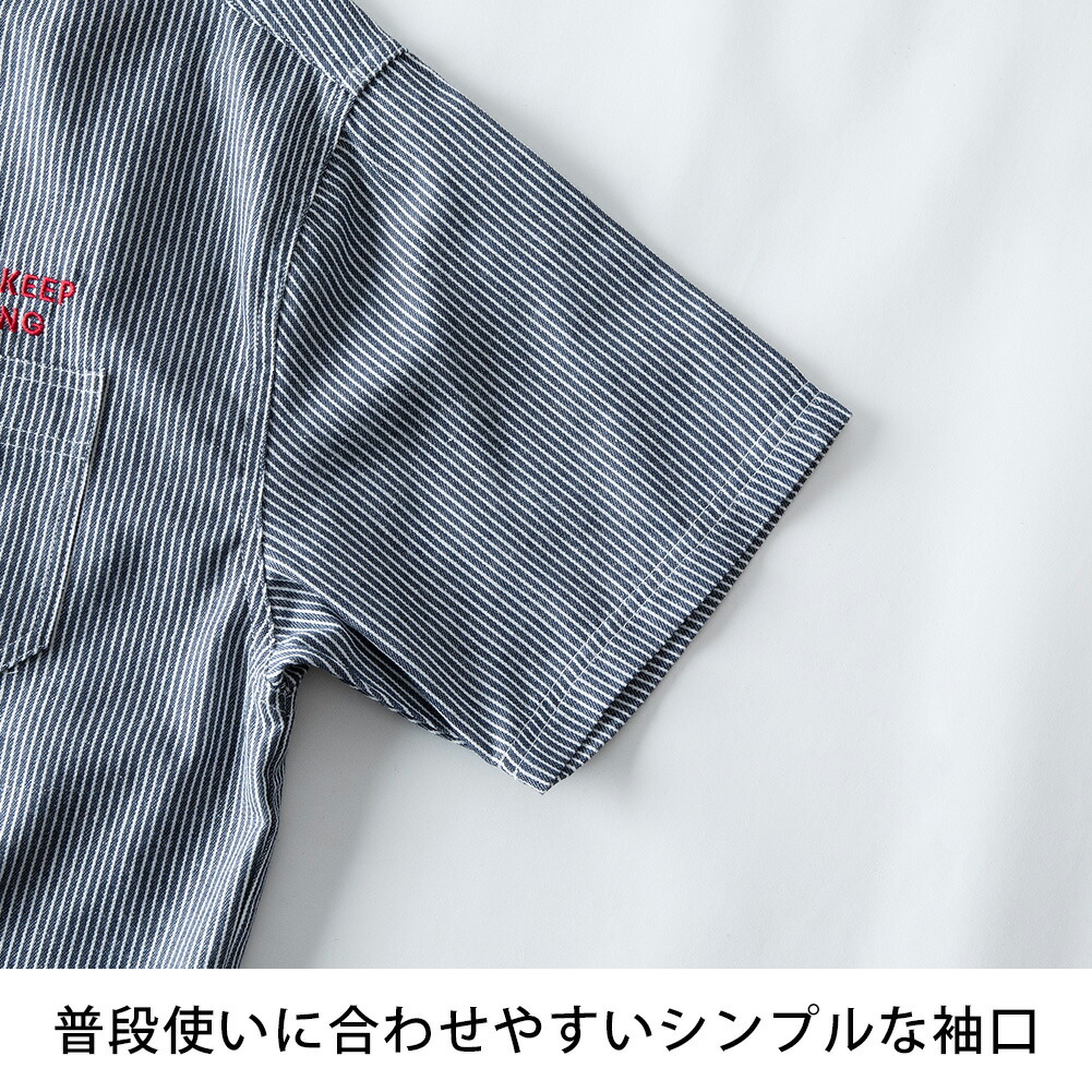 シャツ ワークシャツ ヒッコリー バックプリント 刺繍 半袖 ブラウス