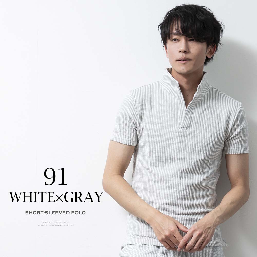 ポロシャツ メンズ 半袖 五分袖 イタリアンカラー シアサッカー