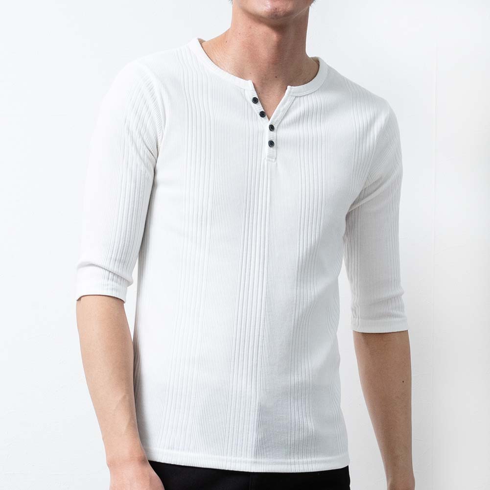 tシャツ メンズ ヘンリーネック テレコ 7分袖 Tシャツ 細身 七分袖