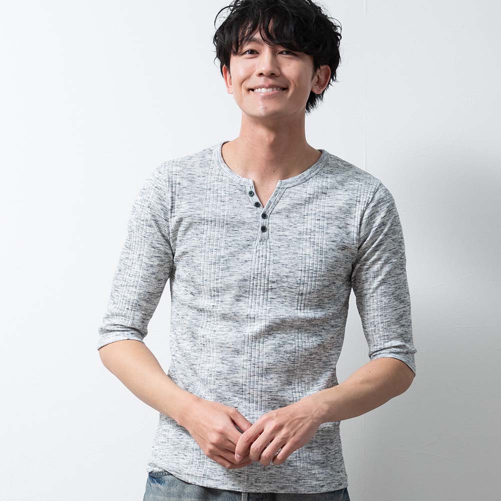 tシャツ メンズ ヘンリーネック テレコ 7分袖 Tシャツ 細身 七分袖