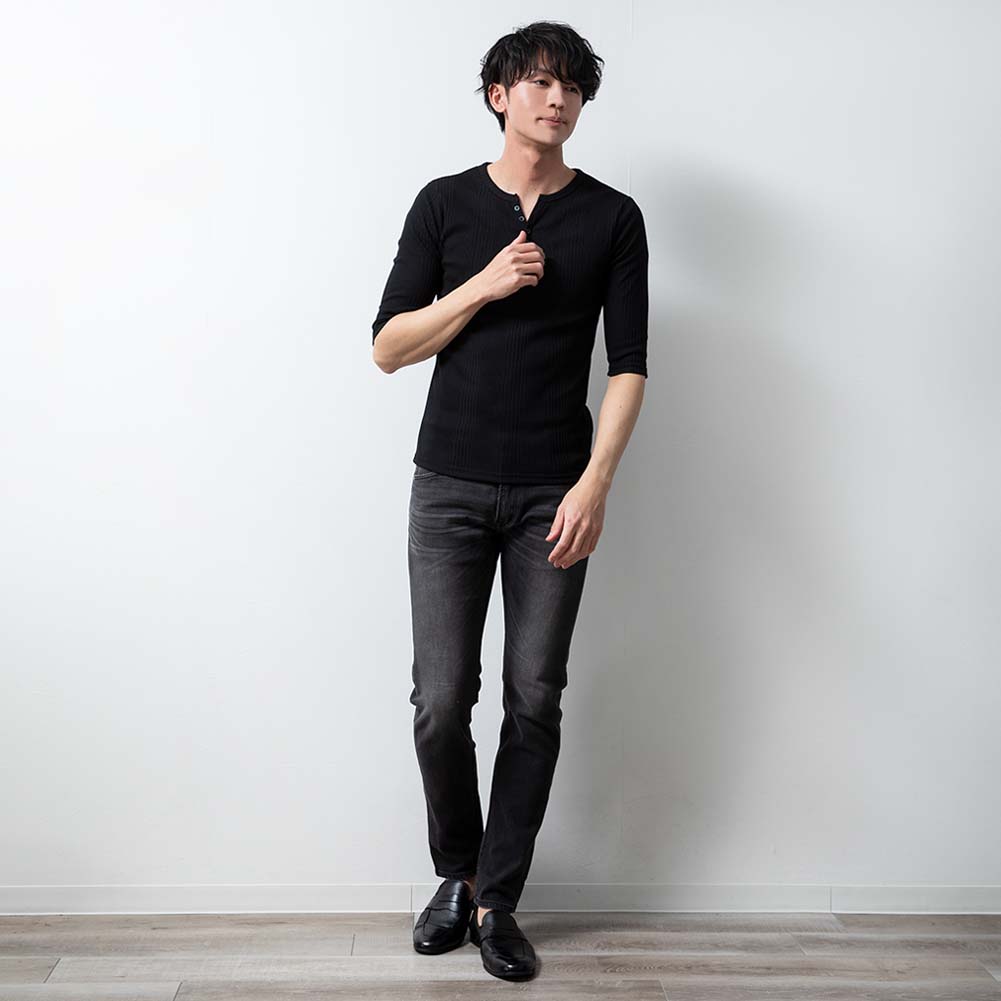 tシャツ メンズ ヘンリーネック テレコ 7分袖 Tシャツ 細身 七分袖