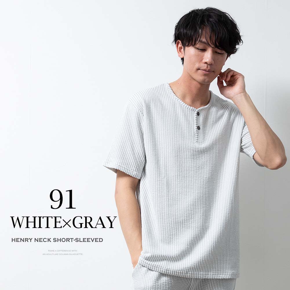 tシャツ メンズ 半袖 Tシャツ カットソー シアサッカー ヘンリーネック