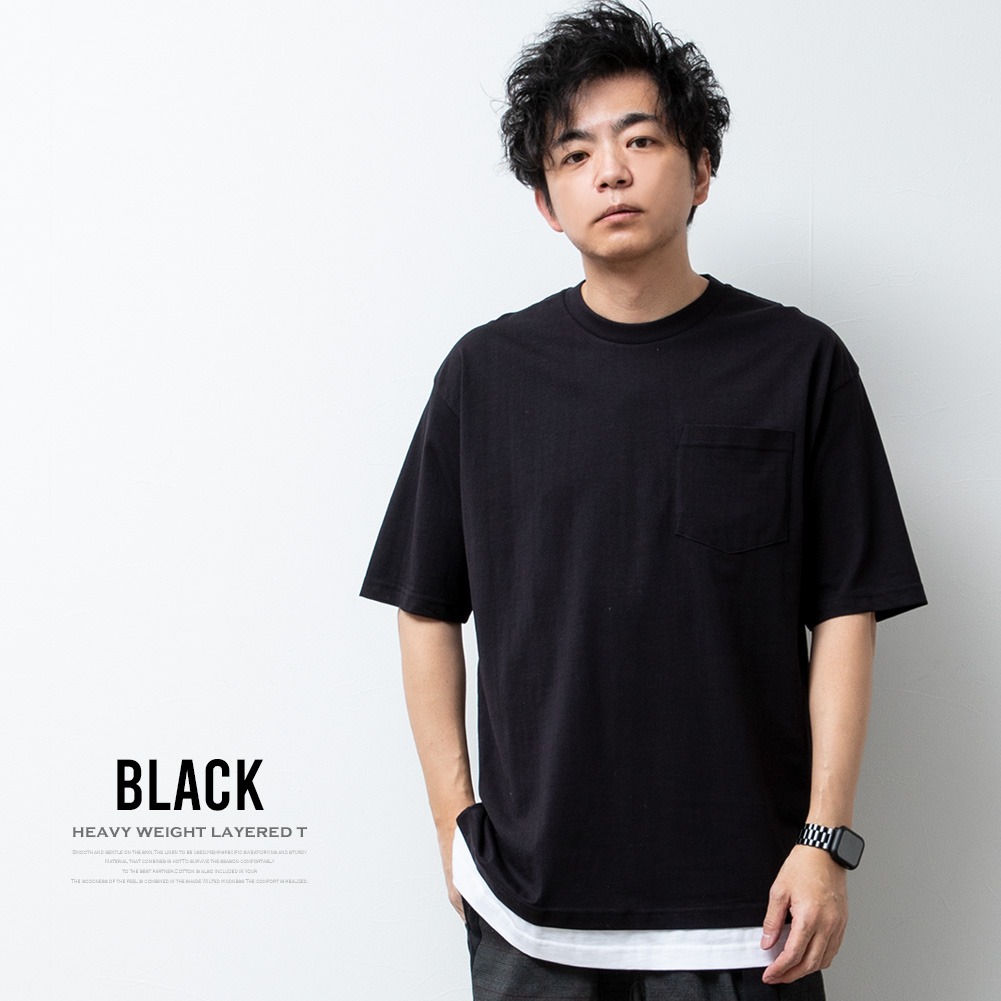 tシャツ メンズ 半袖 重ね着風 無地 おしゃれ フェイクレイヤード Tシャツ Uネック 黒 メンズファッション アメカジ ブラック 夏 白 |  | 03