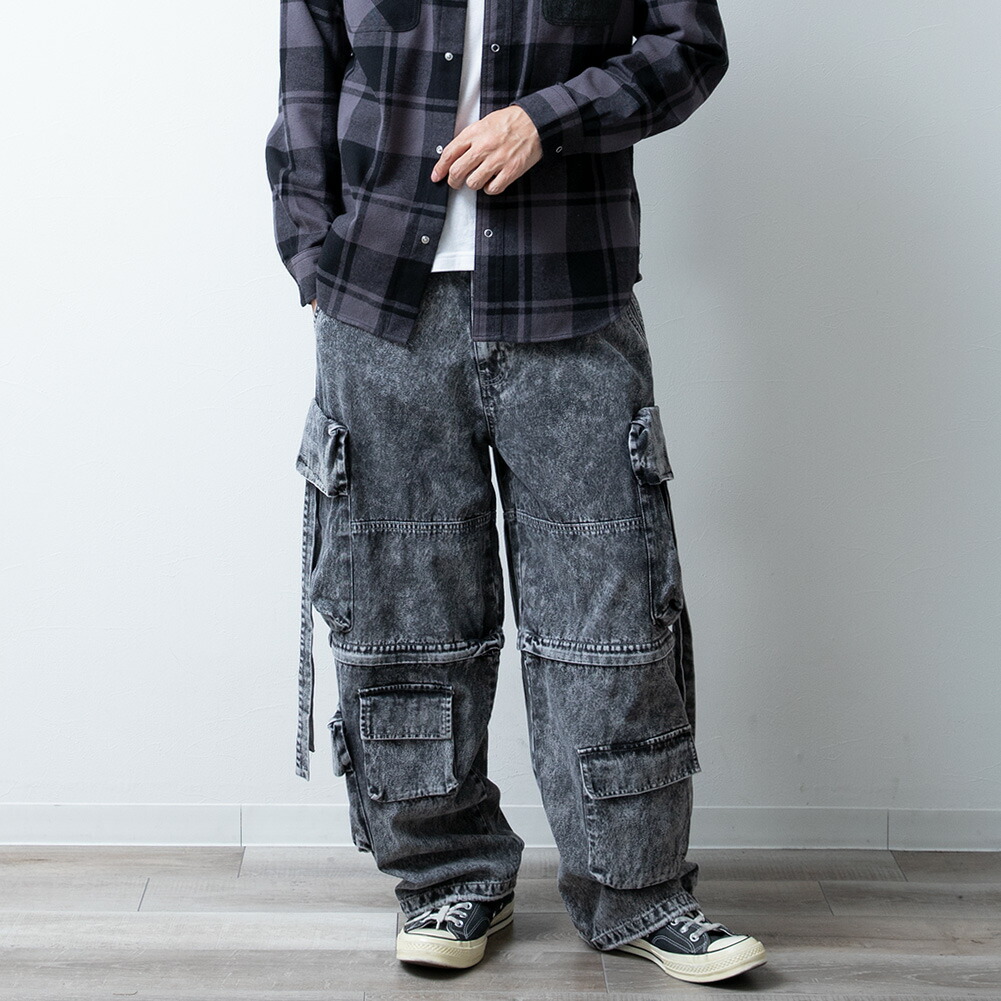 カーゴパンツ メンズ ゆったり デニム ケミカルウォッシュ ジーパン