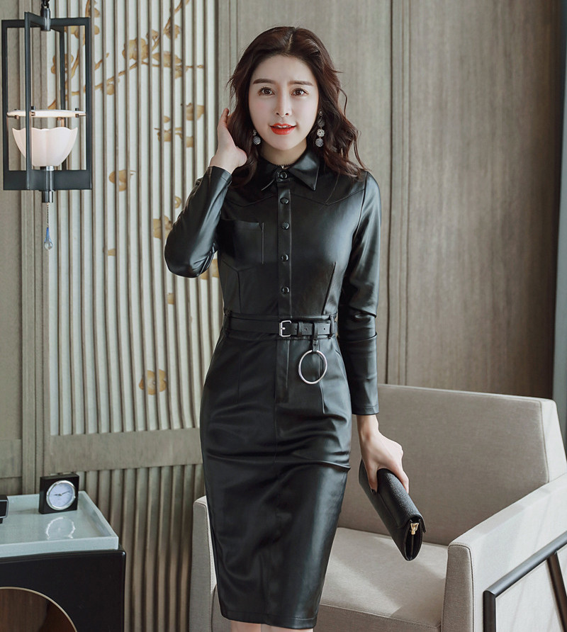 レザーワンピース S〜2XL スリット 前開きワンピース ベルト付き 長袖  