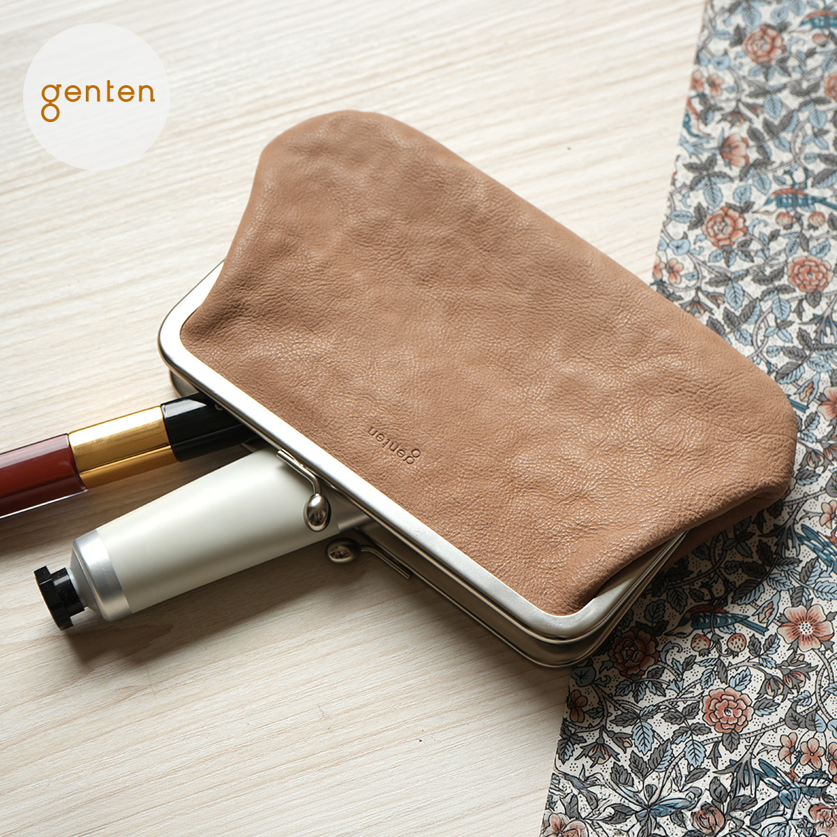 ゲンテン genten 44547 アンティーコ × LIBERTY 口金ポーチ 本革 がま口 リバティ イタリアンレザー