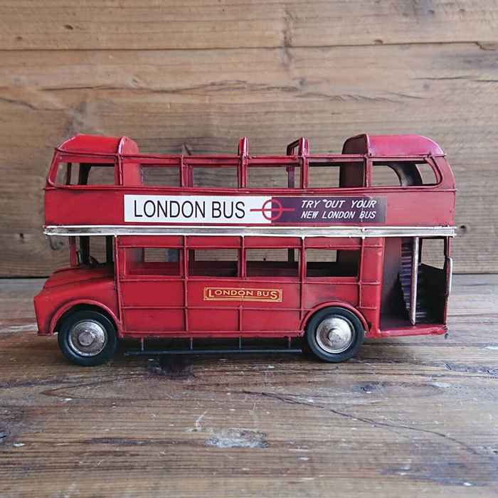 ブリキの車　２階建てバス　古いバス　ミニカー　アンティーク 輸入雑貨 置物 ロンドンバス ブリキ ミニカー London Bus 二階