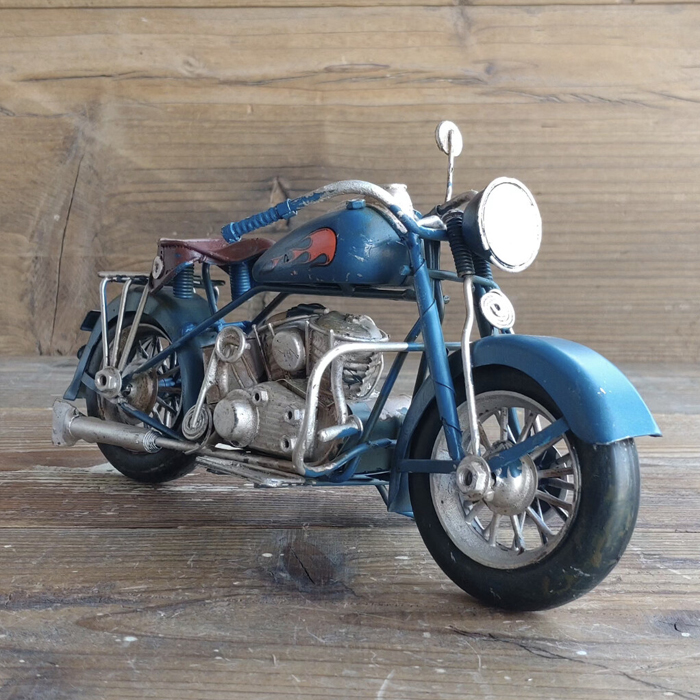 オートバイ バイク 置物 レトロ ブリキ 細工 インテリア 青 ブルー