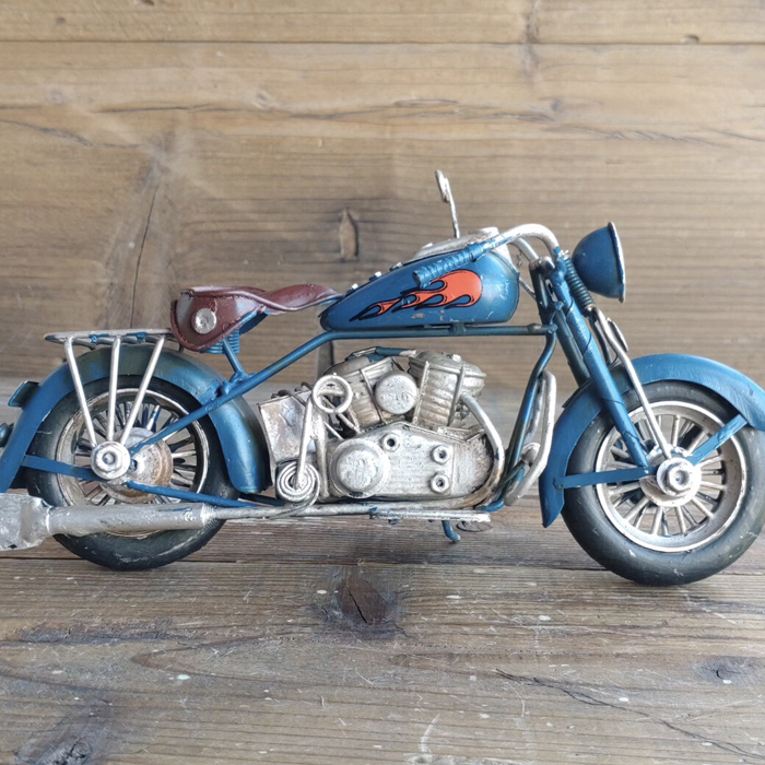 オートバイ バイク 置物 レトロ ブリキ 細工 インテリア 青 ブルー