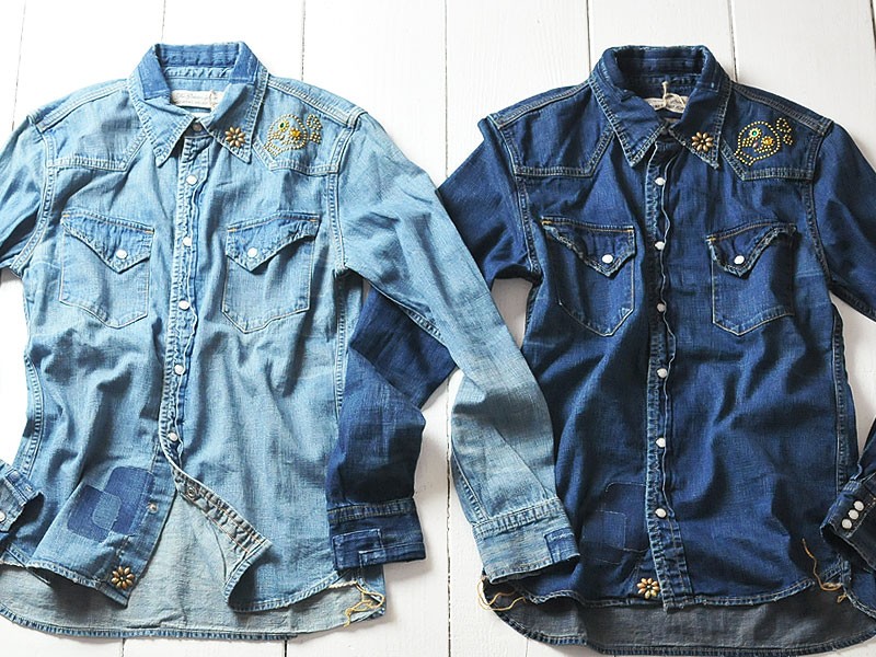remirelirf レミレリーフ　フラワー　スカル　スタッズ　デニムシャツ　L REMI RELIEF レミレリーフ 日本製 スカル フラワースタッズ