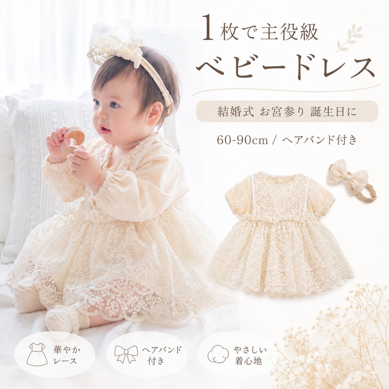 ベビードレス 半袖 結婚式 ベビー ドレス 長袖 ヘアバンド 誕生日