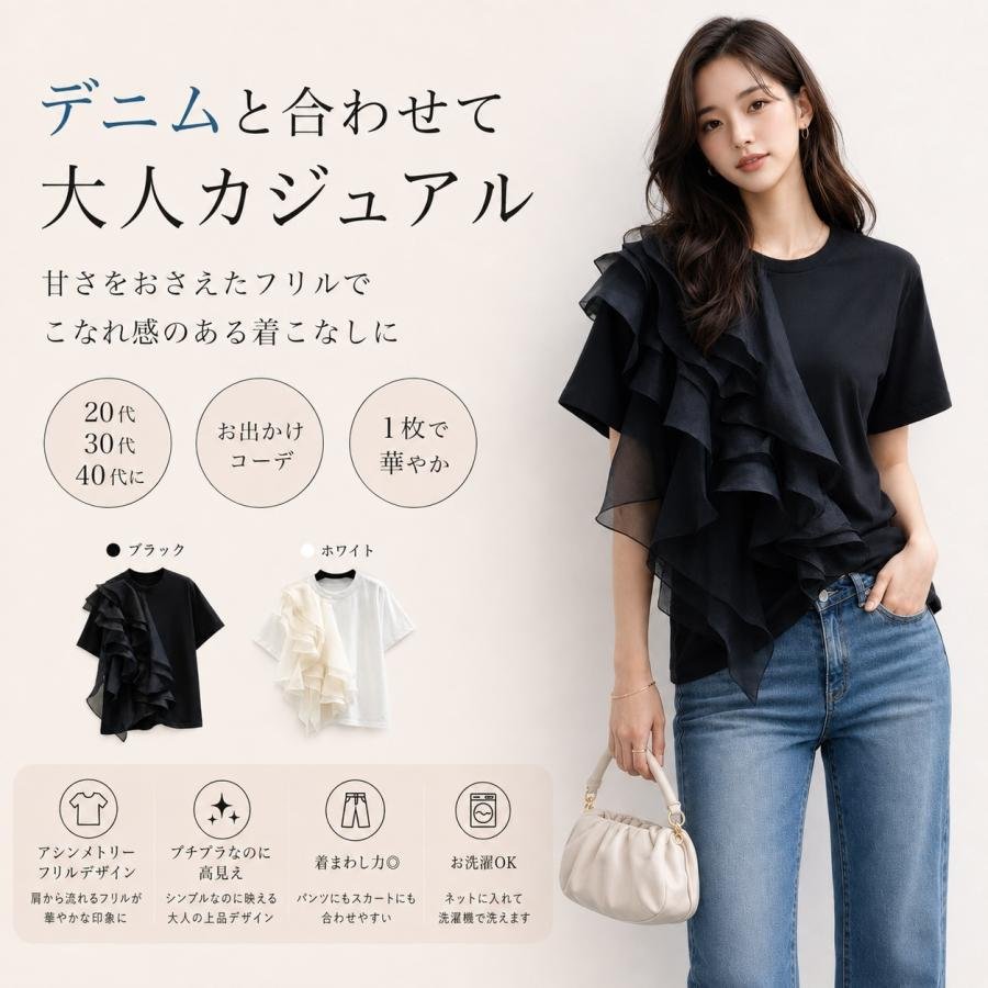 トップス レデイース 半袖 夏 春 Tシャツ tシャツ フリル 夏服